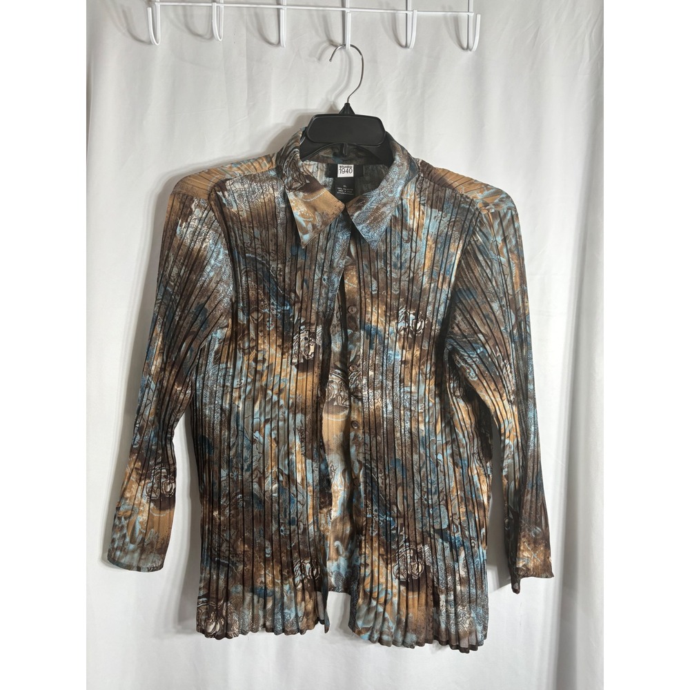Studio 1940 Womens XL Pleated Sheer Button Long Sleeve Shirt Top Brown‎ Blue